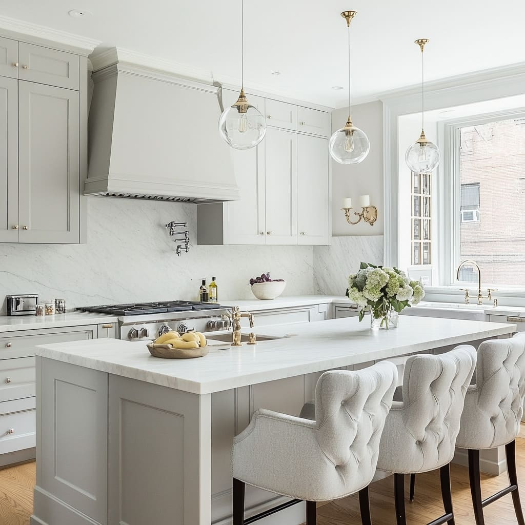 Modern white and grey glossy kitchen cabinets with quartz countertops in a contemporary GTA home