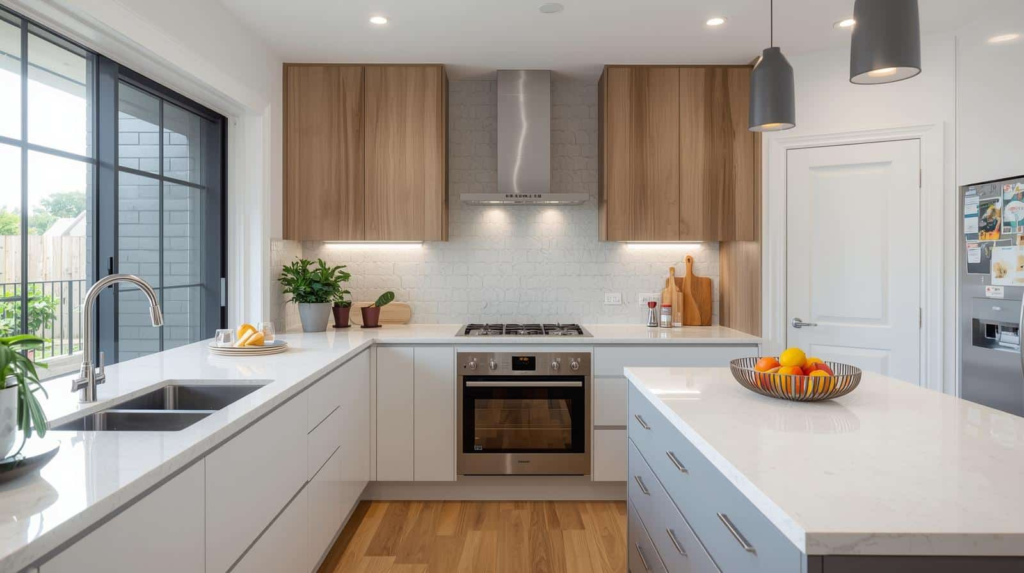 Custom kitchen cabinets in a modern Toronto home renovation with quartz countertops and built-in storage
