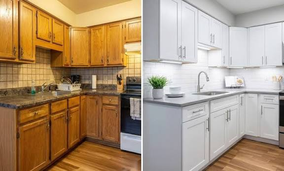 Professional cabinet refinishing in the GTA featuring modern white kitchen cabinets and quartz countertops